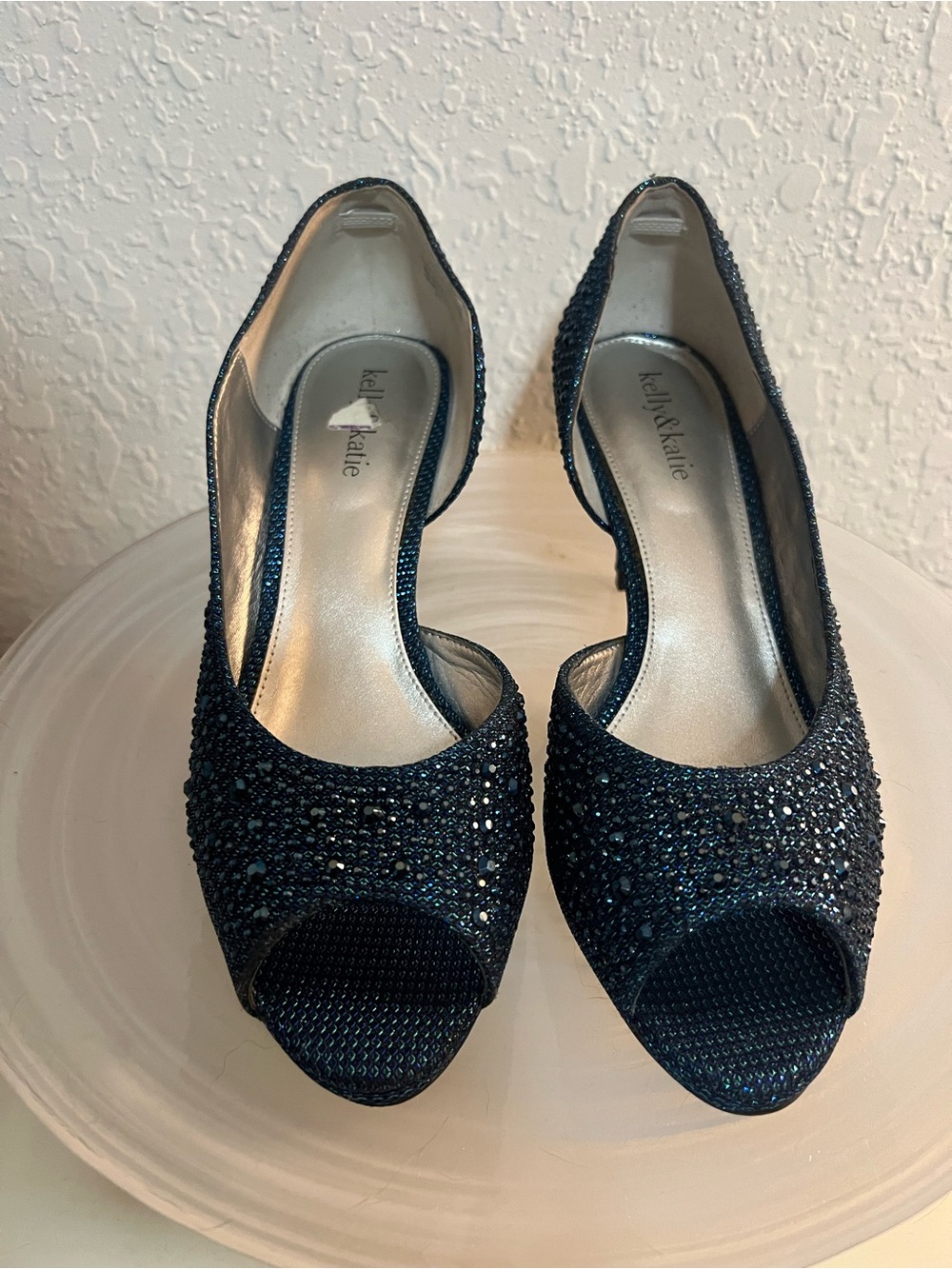 Kelly & Katie Dark Blue Crystal Peep-Toe Heels.